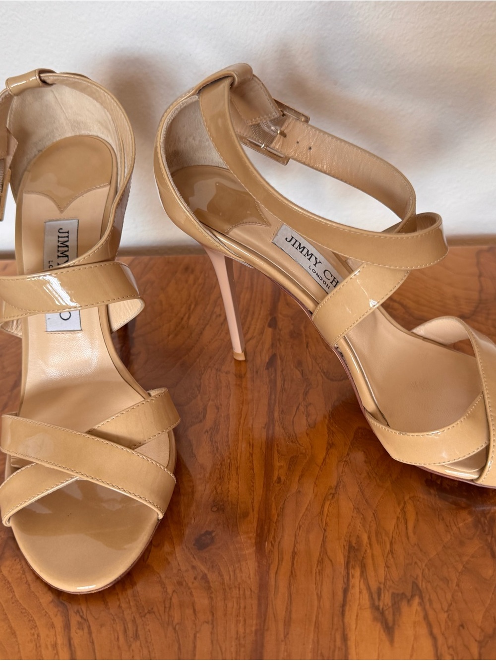 Jimmy Choo Beige Patent Leather Strappy Stiletto Sandals